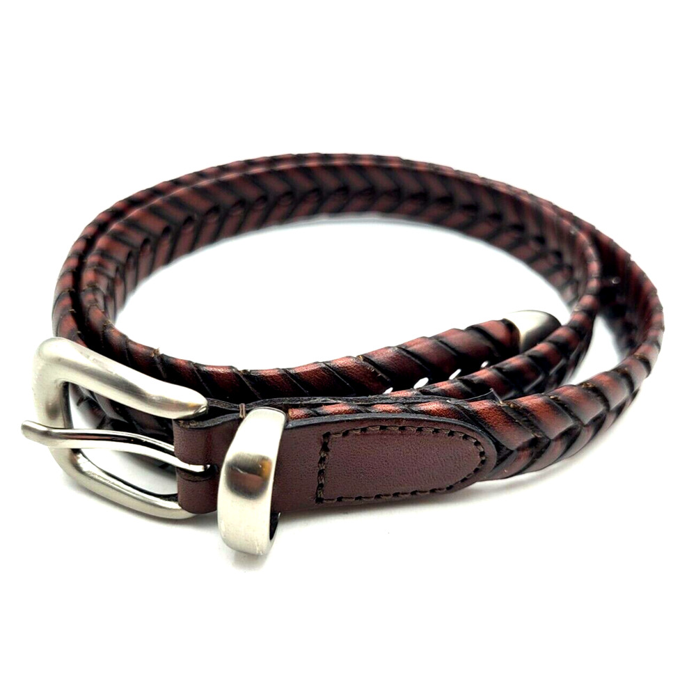 Full Grain Leather Skinny Belt Brown Chevron Pattern Size M 3/4" Wide